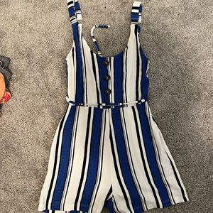 blue and white striped romper